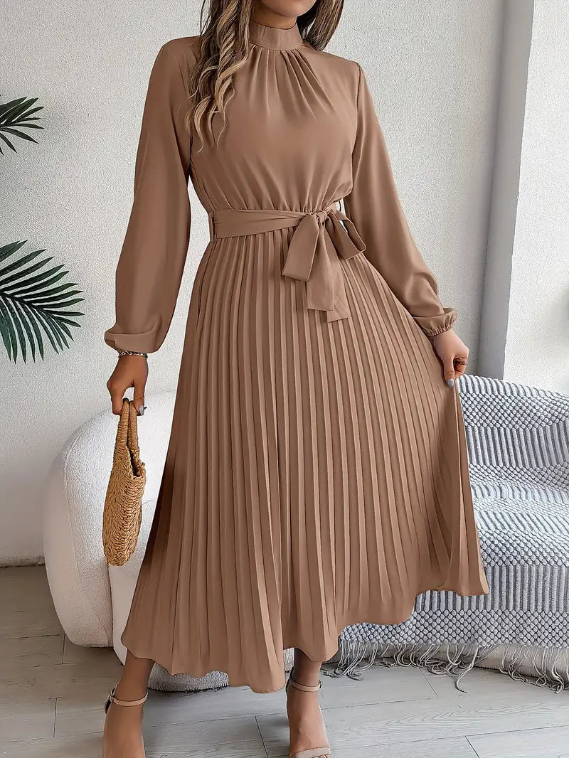 Chic Pleated Wedding Guest Midi Dress with Belted Waist