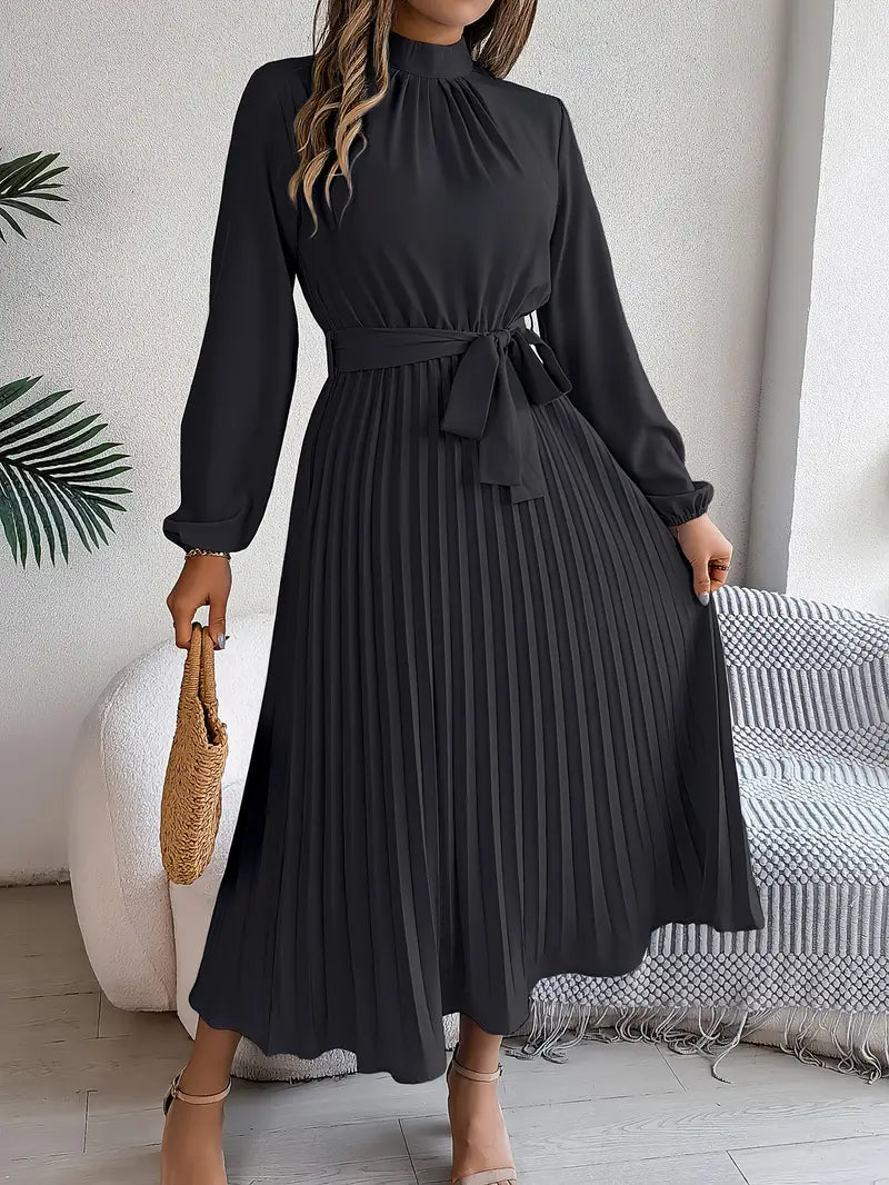 Chic Pleated Wedding Guest Midi Dress with Belted Waist