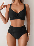 High-Waist Bikini Set with Wide Strap Top and Ruched Bottoms