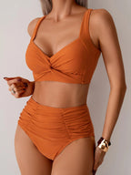 High-Waist Bikini Set with Wide Strap Top and Ruched Bottoms