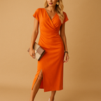 Women’s Midi Cocktail Dress with V-Neck – For Formal Occasions