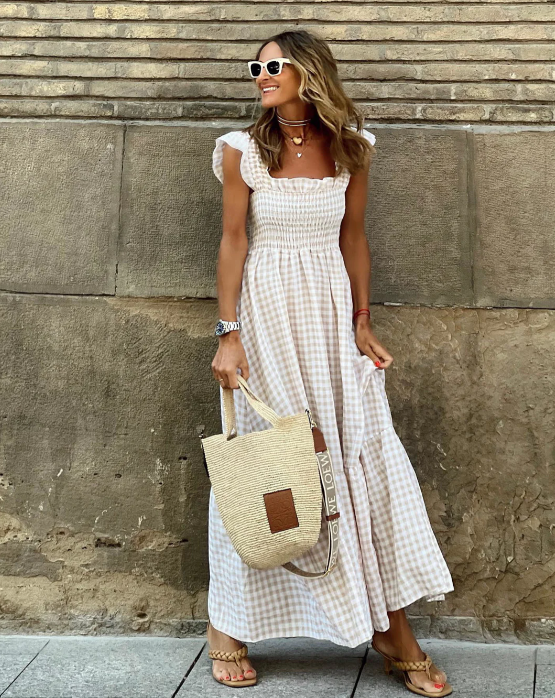 Summer Smocked Gingham Maxi Dress with Ruffle Sleeves