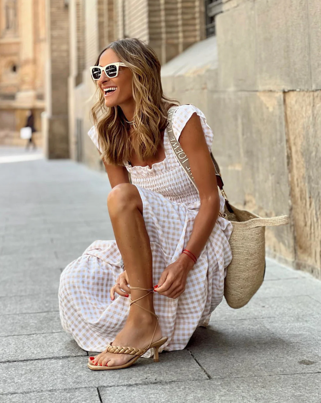 Summer Smocked Gingham Maxi Dress with Ruffle Sleeves