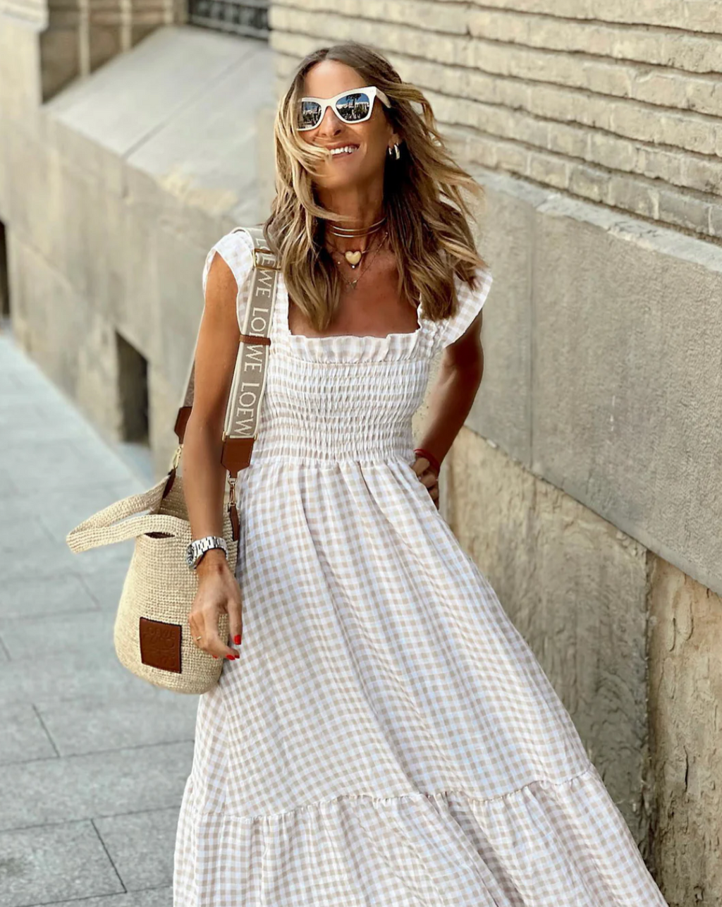 Summer Smocked Gingham Maxi Dress with Ruffle Sleeves