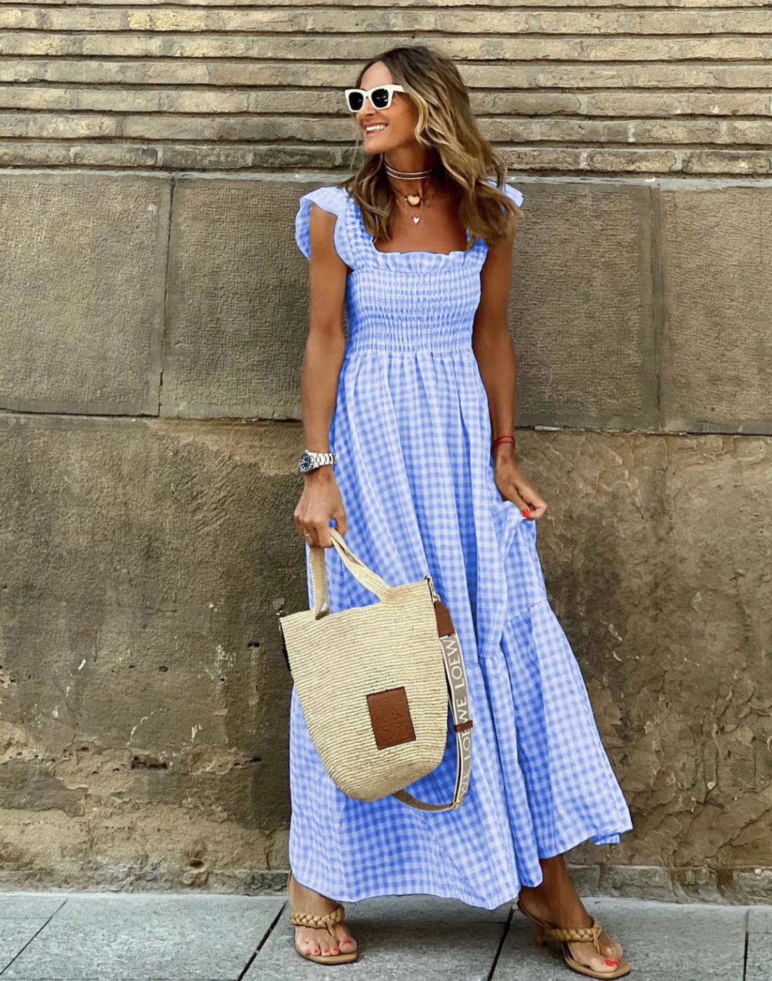 Summer Smocked Gingham Maxi Dress with Ruffle Sleeves