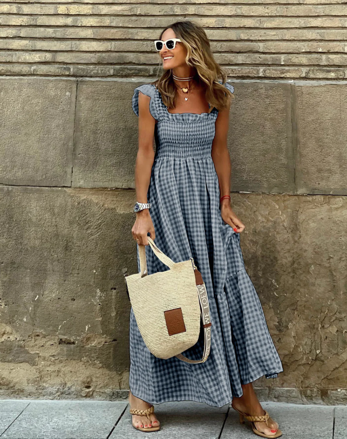 Summer Smocked Gingham Maxi Dress with Ruffle Sleeves