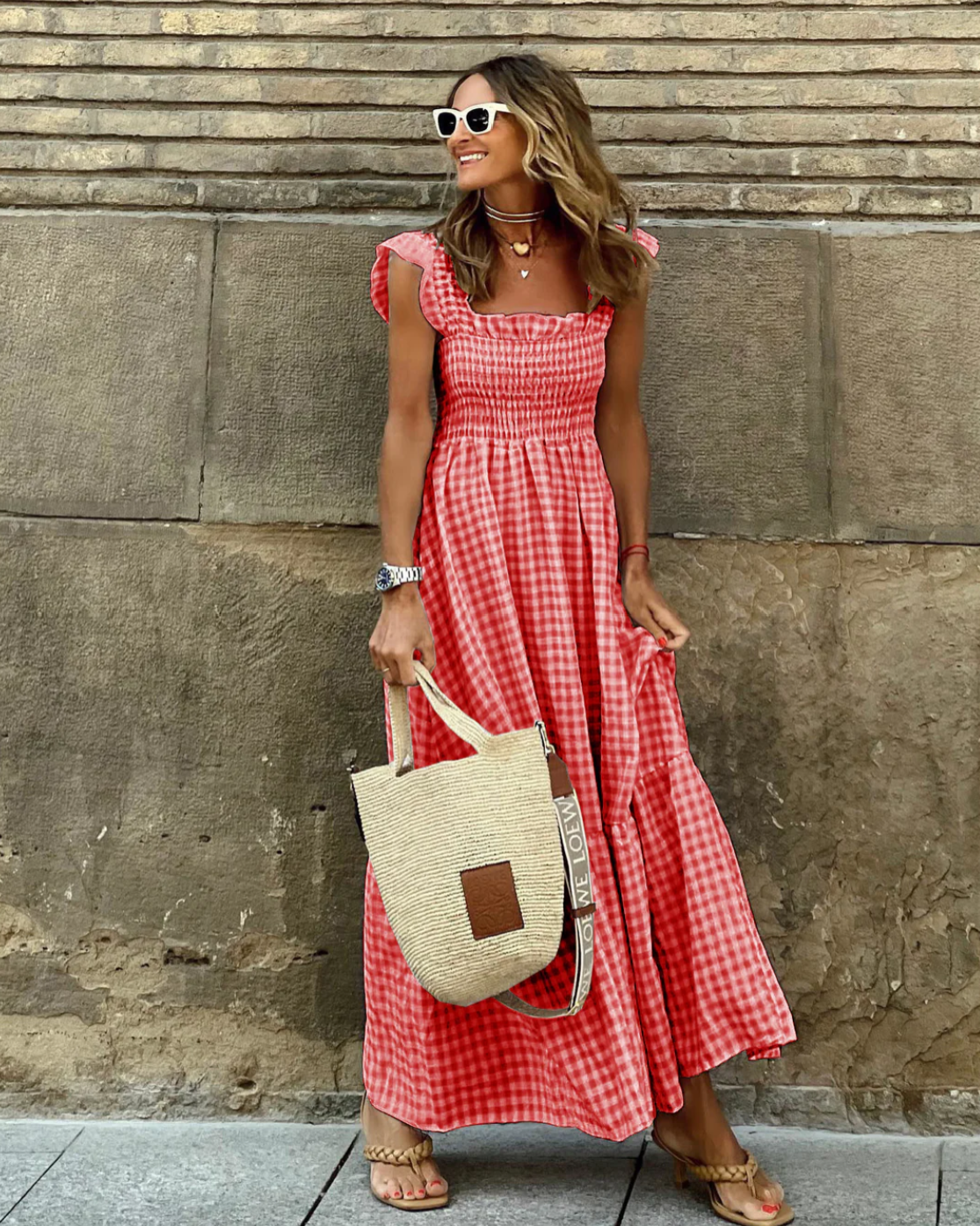 Summer Smocked Gingham Maxi Dress with Ruffle Sleeves