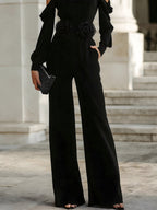 Cold-Shoulder Long Sleeve Wide-Leg Jumpsuit With Floral Waist Detail