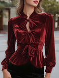 Velvet Triple-Bow Peplum Blouse