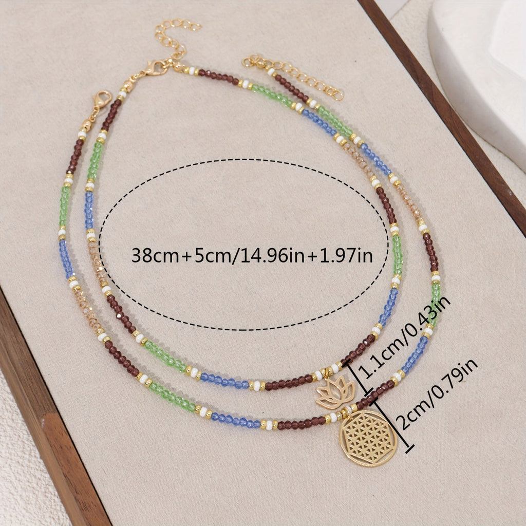 Freyana | Bohemian Beaded Lotus Pendant Necklace (Dual-Layer)