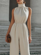High-Neck Gathered Waist Wide-Leg Jumpsuit