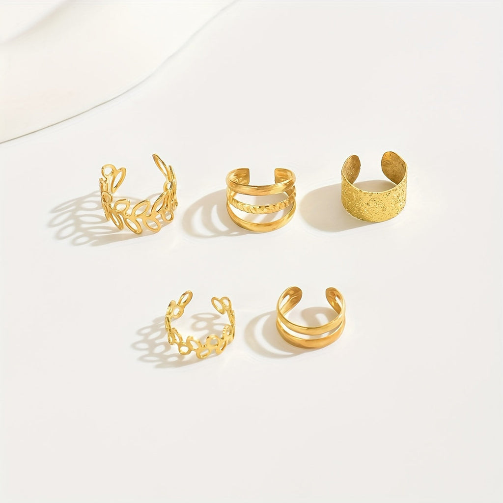 Solene | Trendy Gold Sleek 5-Piece Openwork Ear Cuffs Set