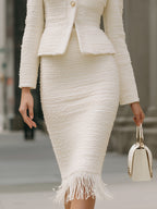 Textured  Blazer Skirt Set With Fringe Hem