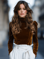 Burnt Caramel Velvet Turtleneck Top