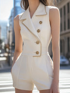 White Sleeveless Blazer Romper With Gold Trim