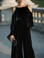 Cold-Shoulder Velvet Wide-Leg Jumpsuit