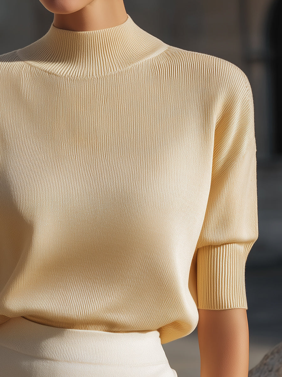 Ribbed Mock-Neck Short-Sleeve Knit Top