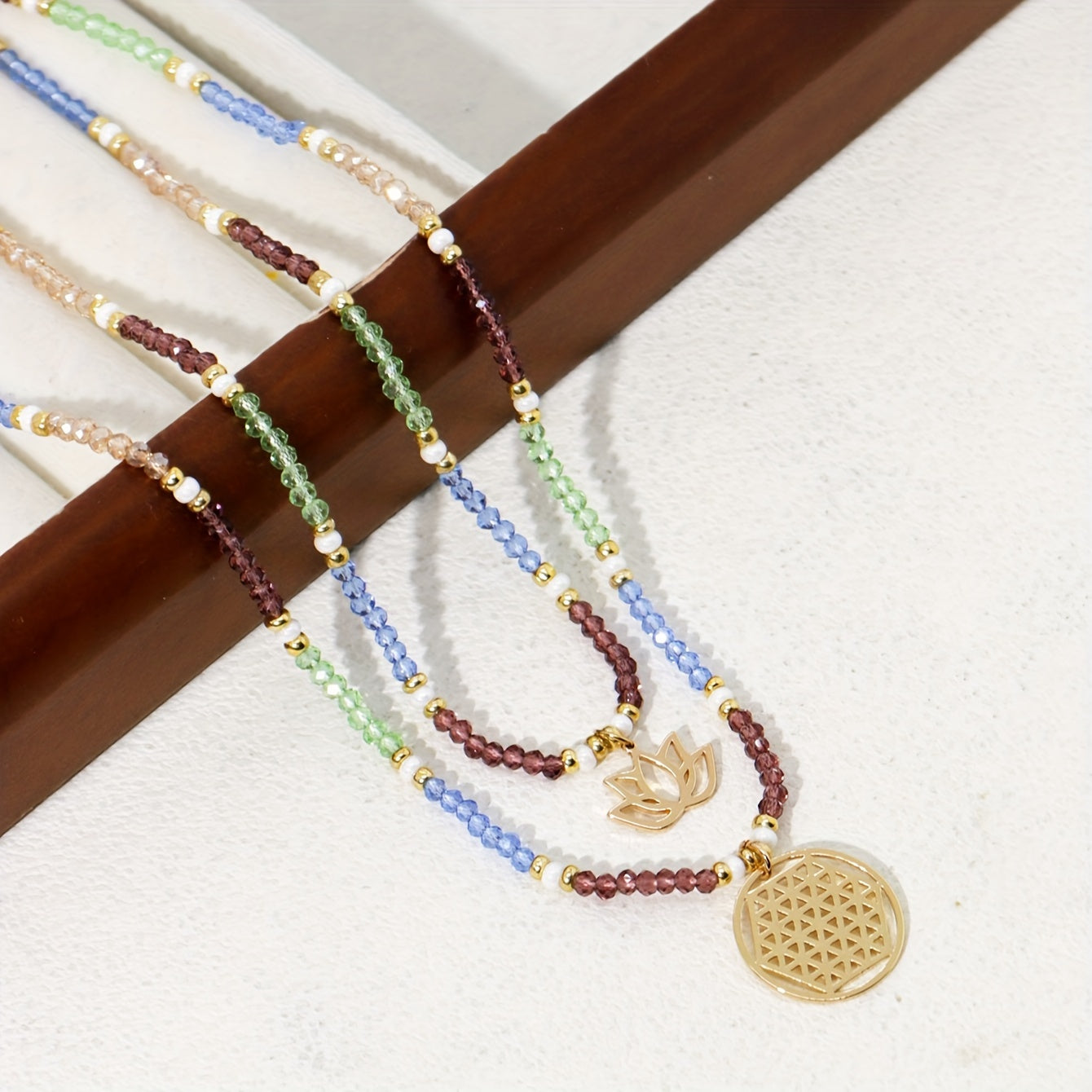 Freyana | Bohemian Beaded Lotus Pendant Necklace (Dual-Layer)