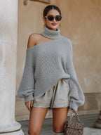 Symmetric Off-Shoulder Turtleneck Knit Sweater
