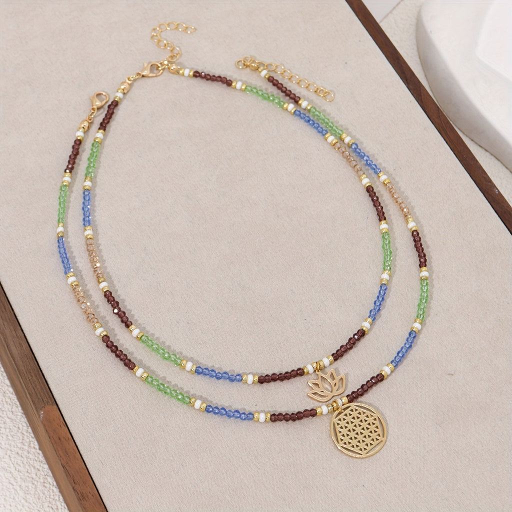 Freyana | Bohemian Beaded Lotus Pendant Necklace (Dual-Layer)