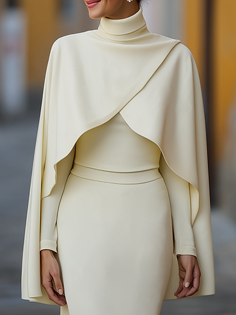 Elegant High-Neck Cape-Overlay Skirt Set