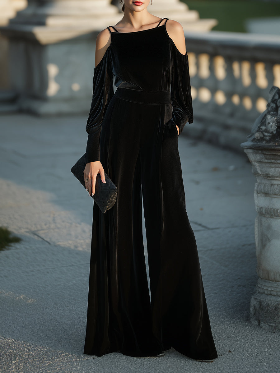Cold-Shoulder Velvet Wide-Leg Jumpsuit