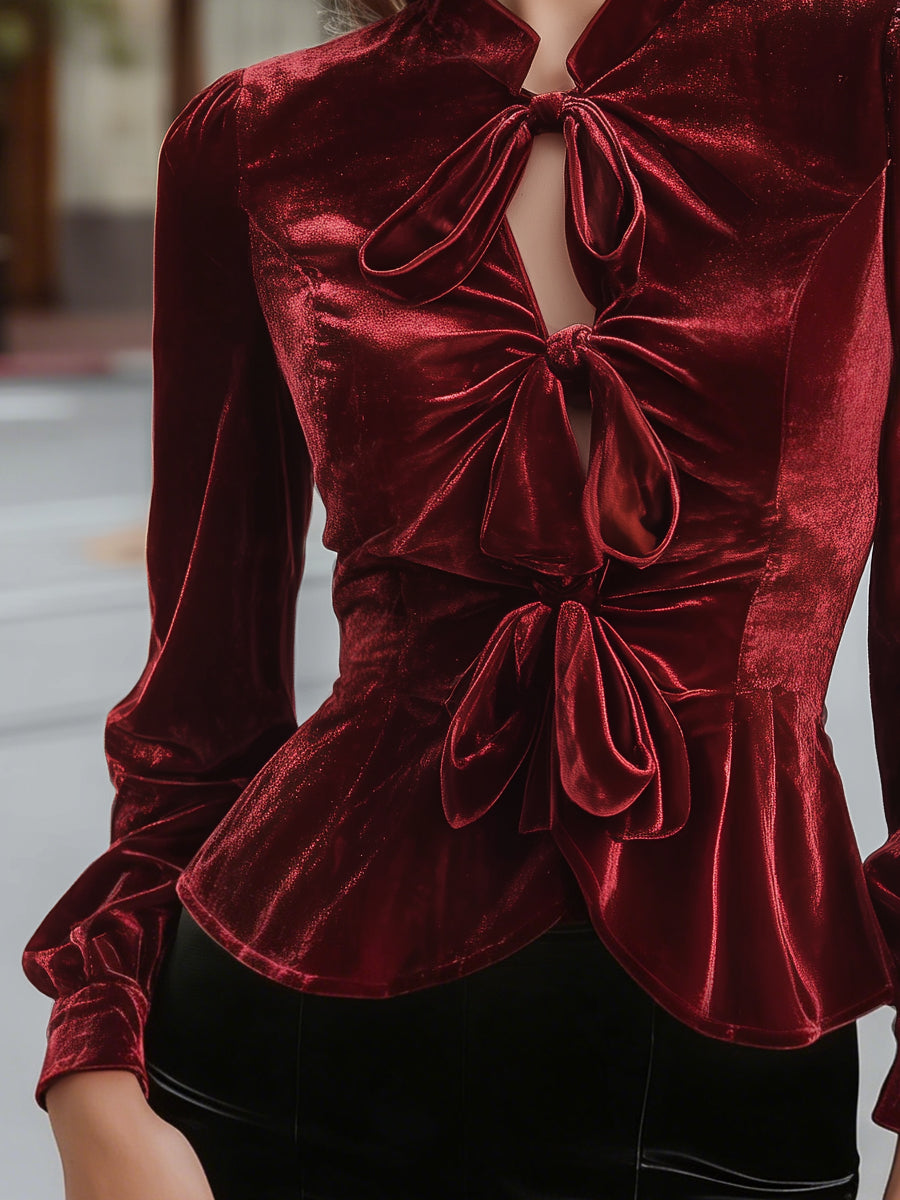 Velvet Triple-Bow Peplum Blouse