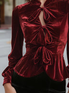 Velvet Triple-Bow Peplum Blouse