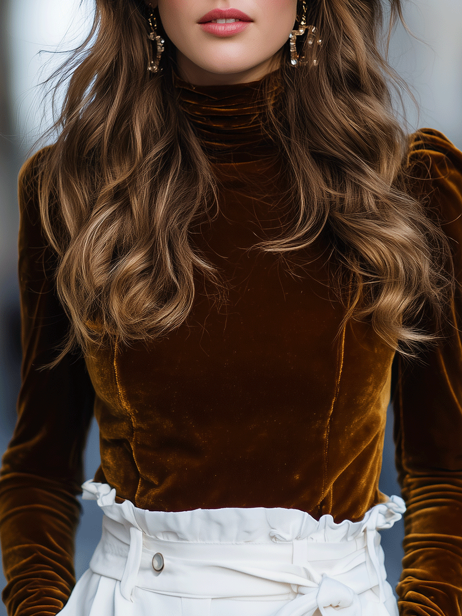Burnt Caramel Velvet Turtleneck Top