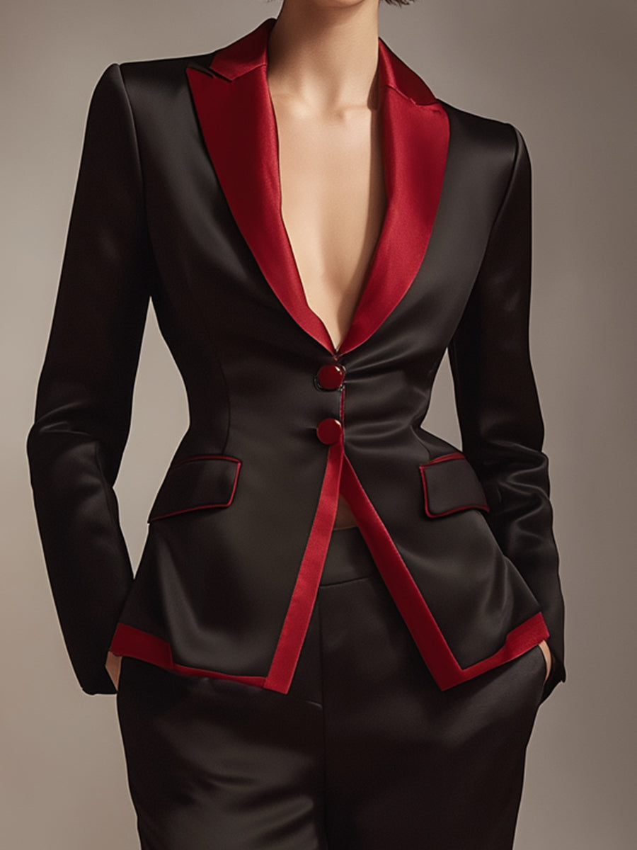 Black And Red Contrast Satin Tailored Pantsuit