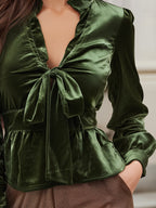 Velvet Tie-Front Blouse With Ruffled Collar