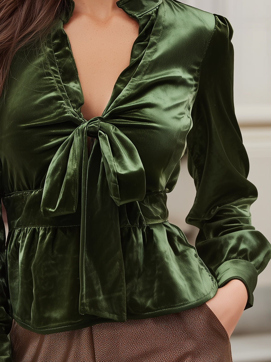 Velvet Tie-Front Blouse With Ruffled Collar