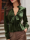 Velvet Tie-Front Blouse With Ruffled Collar