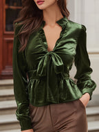 Velvet Tie-Front Blouse With Ruffled Collar