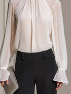 High-Neck Long-Sleeve Draped Blouse
