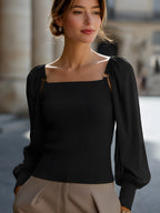Ribbed Knit Top With Chiffon Balloon Sleeves
