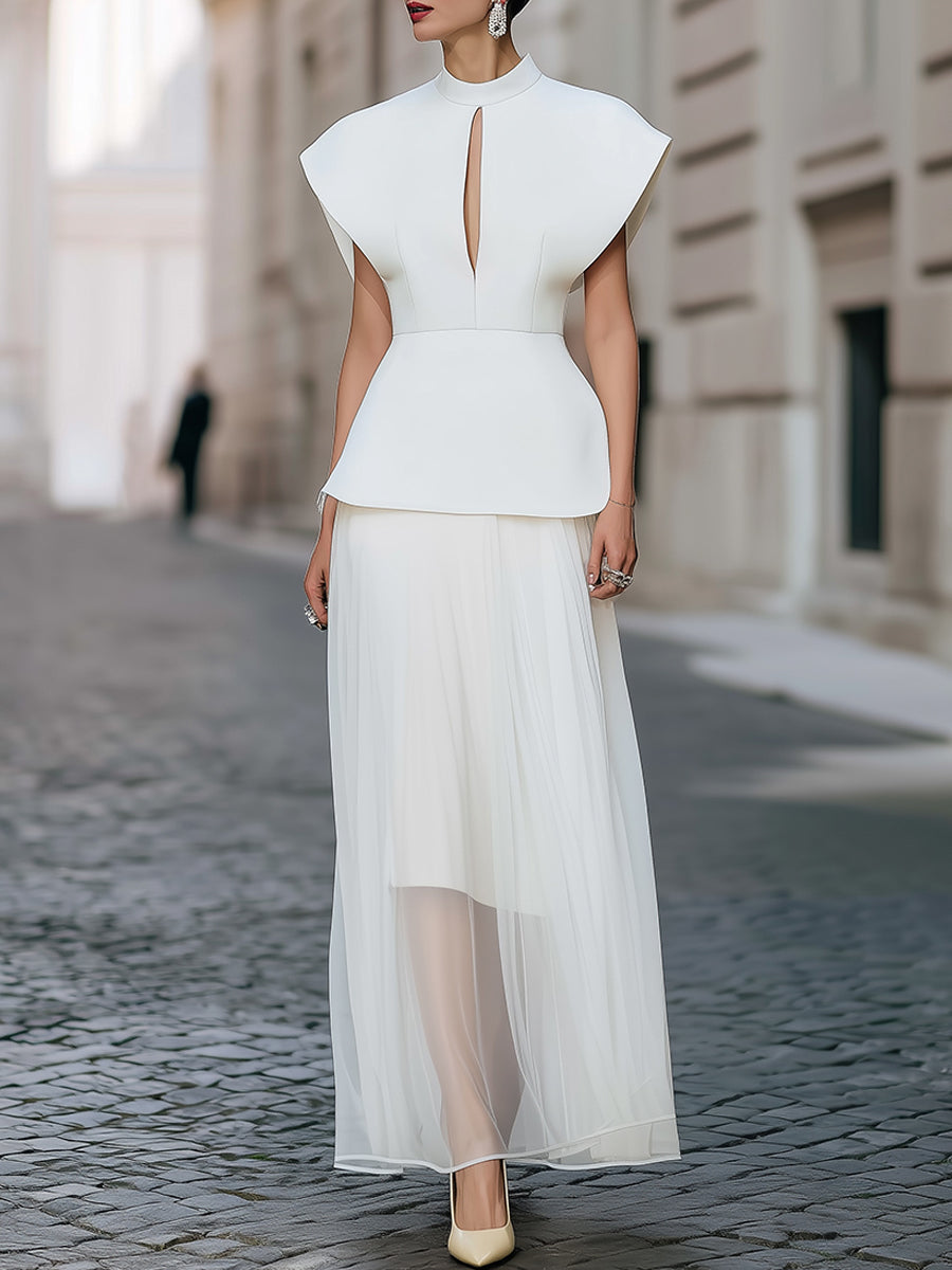 Elegant Structured Peplum Top & Sheer Layered Maxi Skirt Set