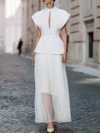 Elegant Structured Peplum Top & Sheer Layered Maxi Skirt Set