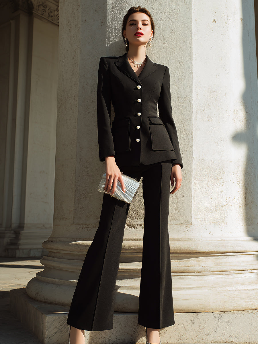 Tailored Button-Front Blazer Set With Flared Pants