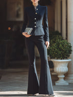 Mandarin-Collar Tailored Blazer Set With Flared Pants