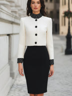 Two-Piece Polka-Dot Trim Tweed Jacket And Pencil Skirt Set