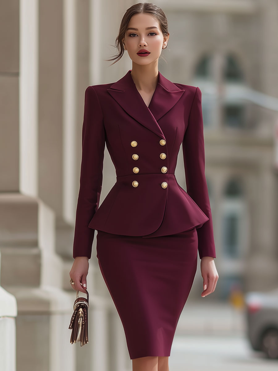 Burgundy Double-Breasted Peplum Blazer & Pencil Skirt Suit