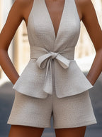 Belted Textured V-Neck Top And High-Waisted Shorts Set