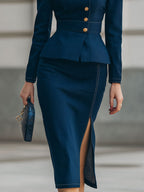 Denim Peplum Blazer & Skirt Set