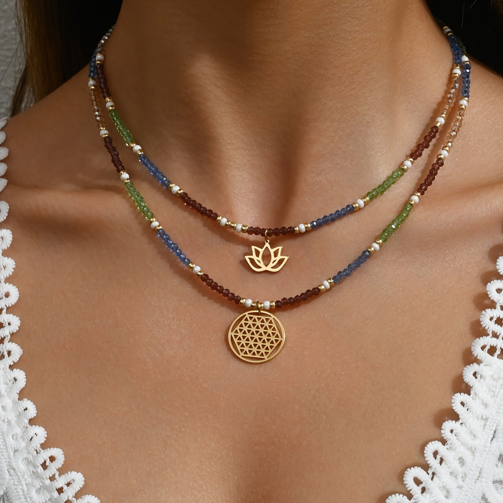 Freyana | Bohemian Beaded Lotus Pendant Necklace (Dual-Layer)