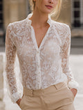 Sheer Lace Long-Sleeve Blouse With Delicate Trim