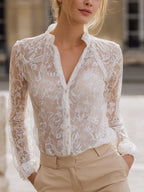 Sheer Lace Long-Sleeve Blouse With Delicate Trim