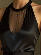 Satin Sheer Panel Halter Top