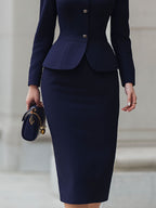 Navy Mandarin-Collar Peplum Blazer & Midi Skirt Suit