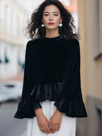 Round Neck Velvet Ruffle-Trim Blouse